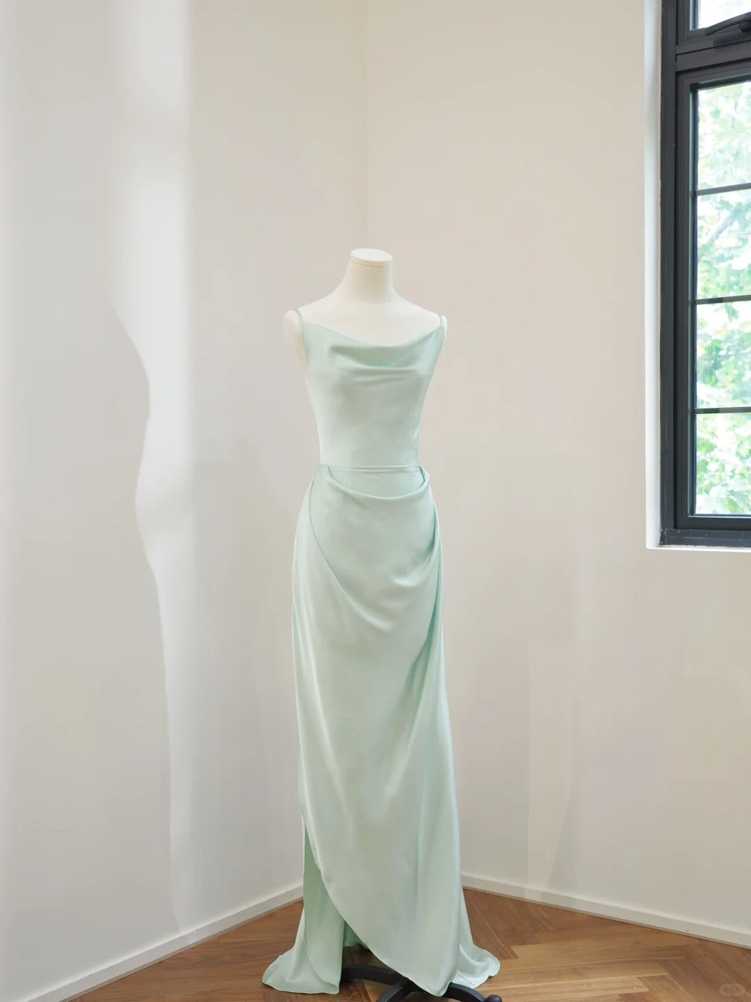 Girlhomeshops-Mintgrün, schlichtes, modisches Spaghettiträger-Langkleid aus Satin, Ballkleid, Abendkleid, Partykleid, Brautjungfernkleider, gh5056