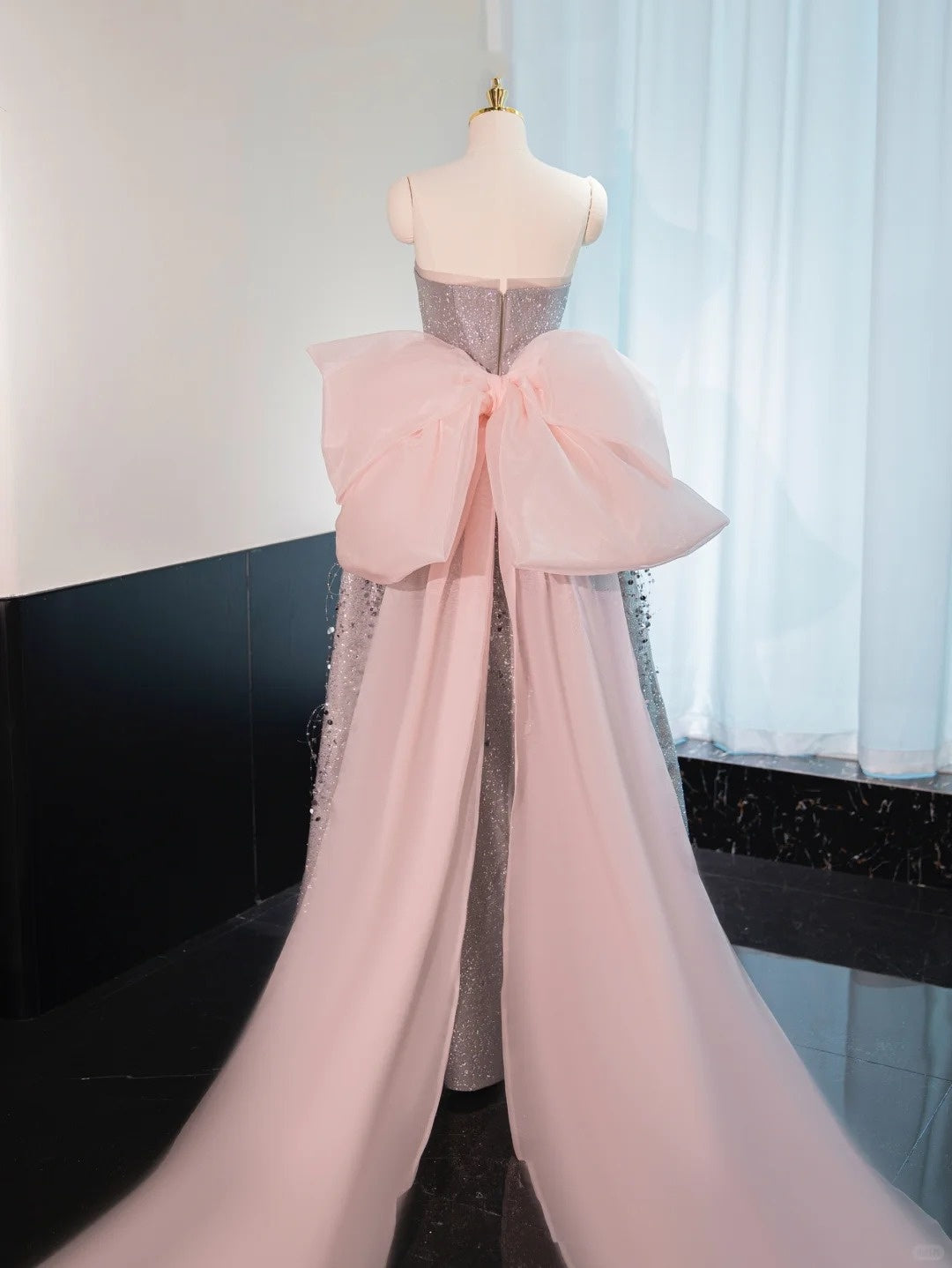 Robe de soirée longue à paillettes argentée et brillante, avec nœud rose, robe de bal, robe de remise de diplôme, gh4552