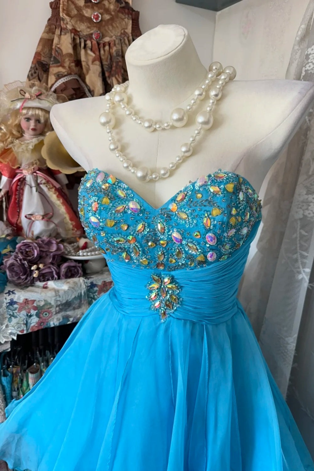 girlhomeshops-Blaues kurzes Chiffonkleid mit Herzausschnitt gh6127