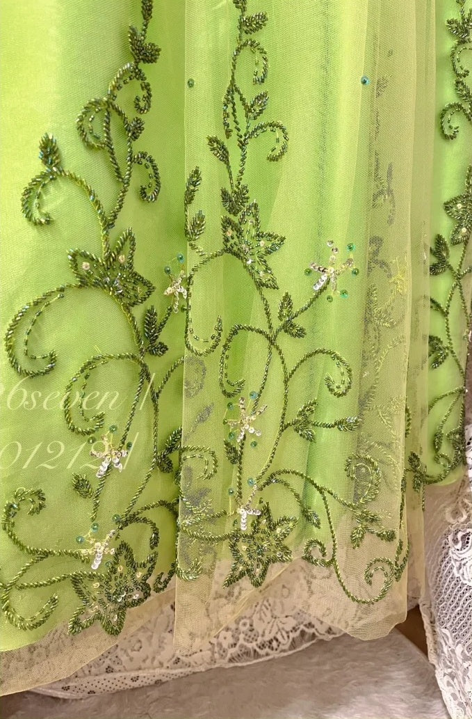 Robe de soirée longue en satin et tulle, style vintage, verte, exquise, perlée, motif floral, gh4433