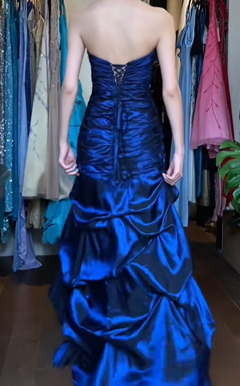 Navy Blue Vintage Prom Dress Strapless Hand Beaded Ruched Layered Ruffle Satin Long Evening Gown gh9625