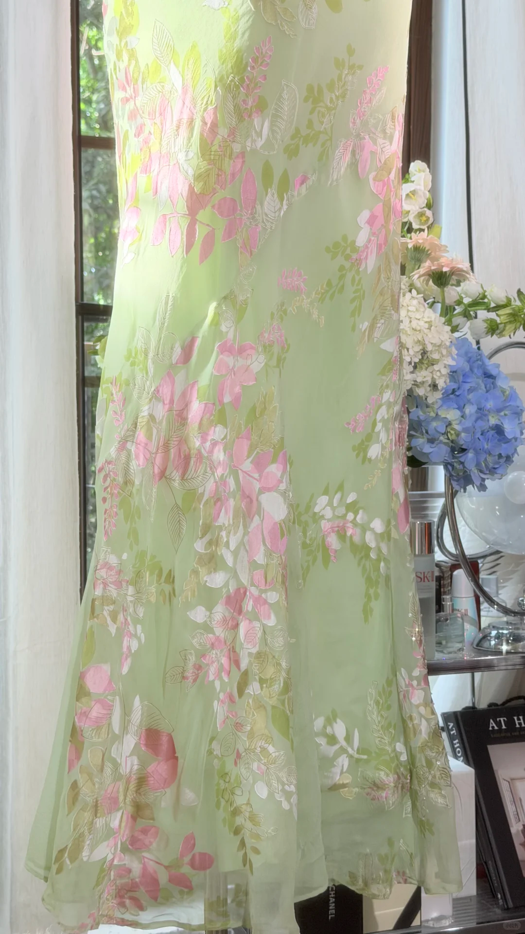 Mint Green Cowl Neck Floral Print Spaghetti Strap Mermaid Dress, Slit Chiffon Long Evening Gown, Romantic Garden Party Formal Dress gh9498