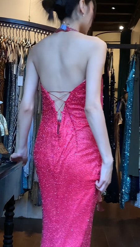 Halter V Neck Ombre Fuchsia Pink Evening Gown All Over Beaded Rhinestone Mermaid Long Prom Dress gh9686