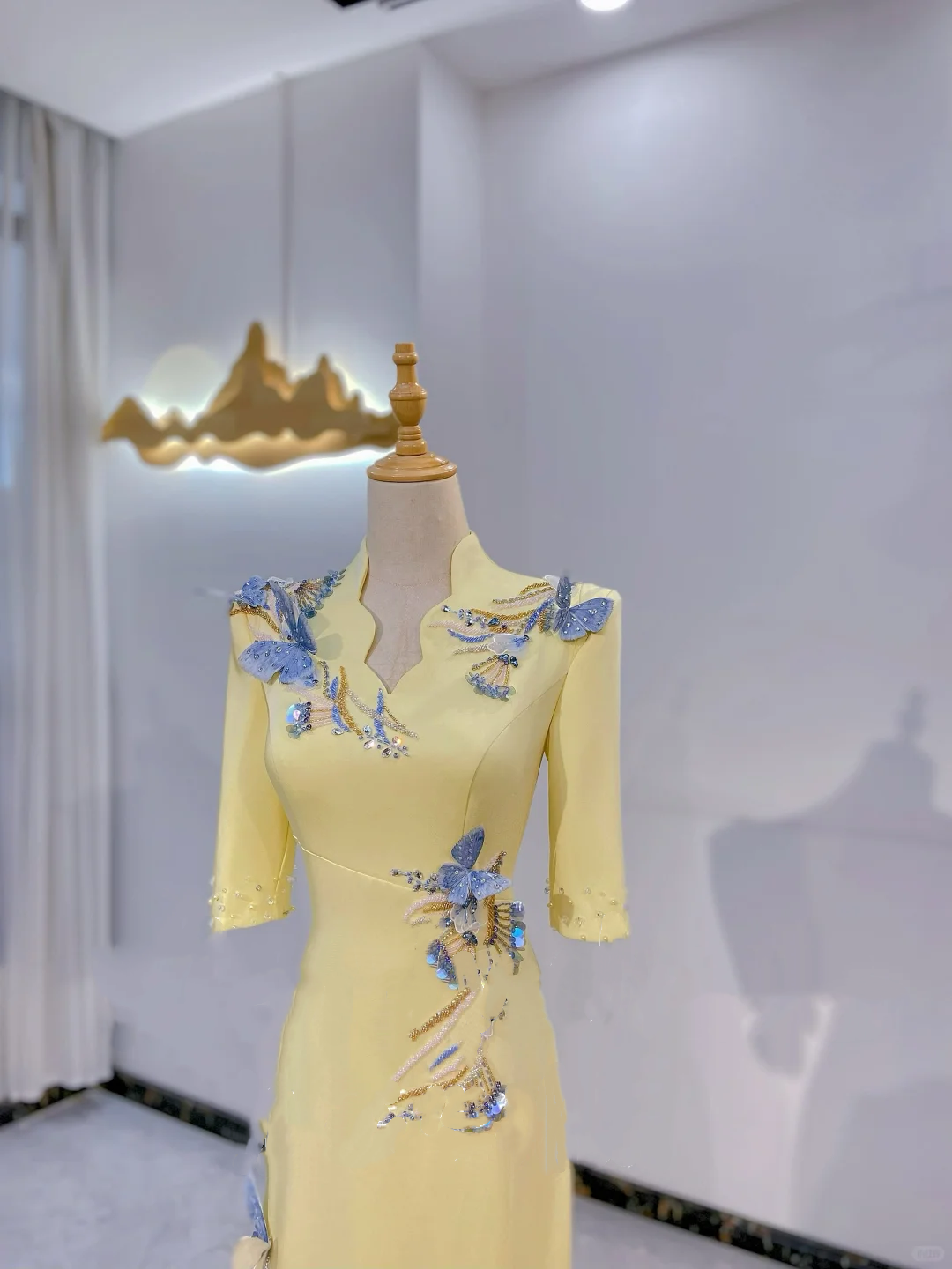 Pale Yellow Mid-Long Sleeve Waist-Cinched Fitted Elegant Evening Dress, Fairy Gown, Romantic Gown gh7421