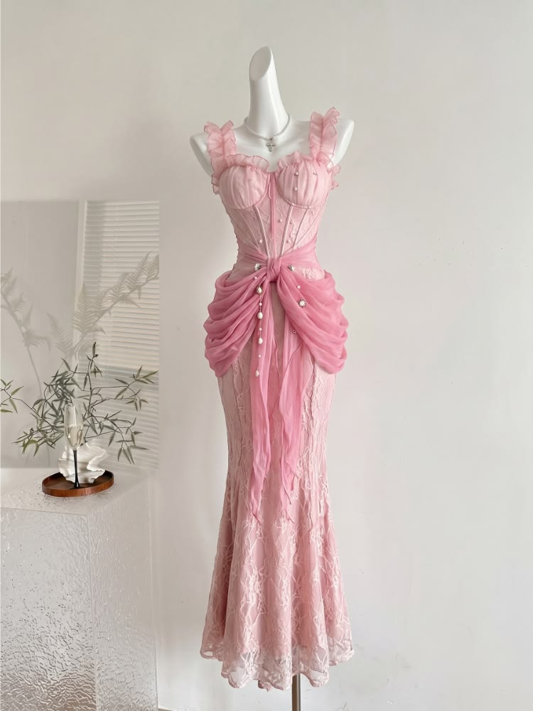 ✨Girlhomeshops-Ruffle Strap Pink Lace Corset Mermaid Prom Gown gh10210