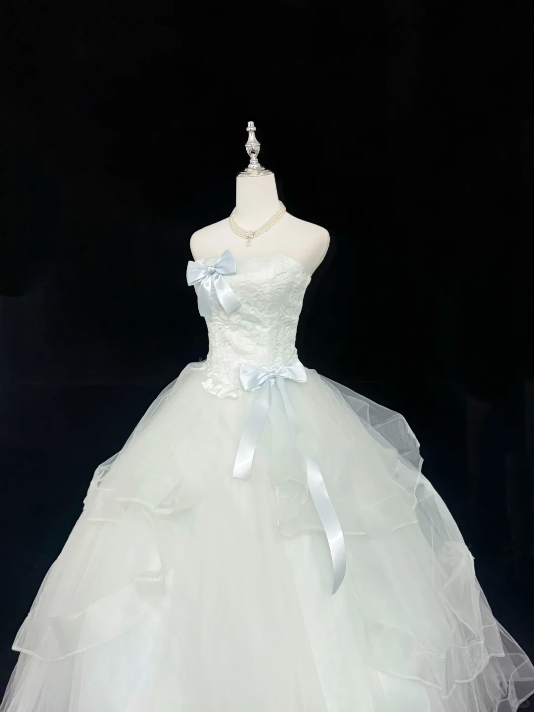 Light Blue Strapless Bow Teen Cinched Waist Voluminous Skirt Romantic Dress, Wedding Gown gh7906