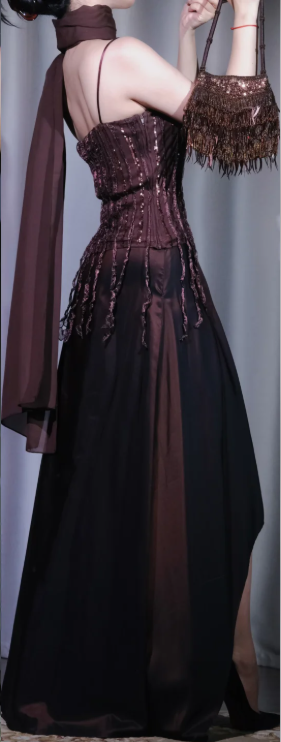 Brown 3 Piece Evening Dress, Fringe Sequin Corset Top Satin High Slit Skirt with Chiffon Shawl gh9907