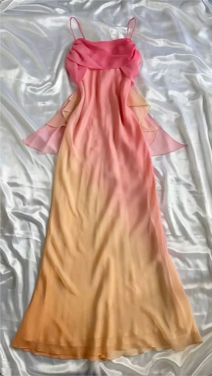 orange mode farbverlauf elegante spaghetti trägern lange chiffon ballkleid abendkleid partykleid gh3608