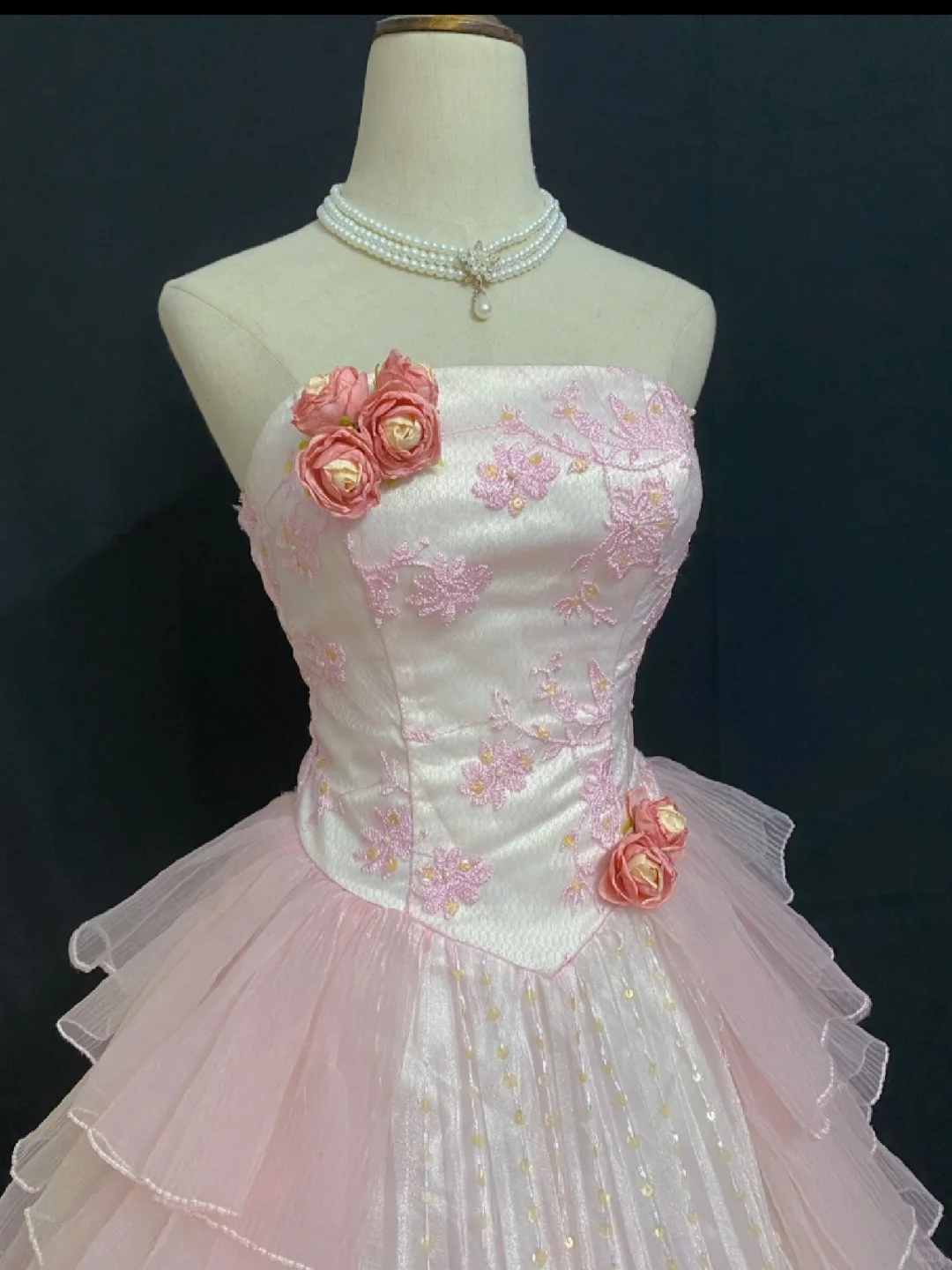 Blush Pink Strapless Long Romantic Gown with Fitted Waist and Fluffy Tiered Cake Skirt, Wedding Dress & Bridal Gown gh8311