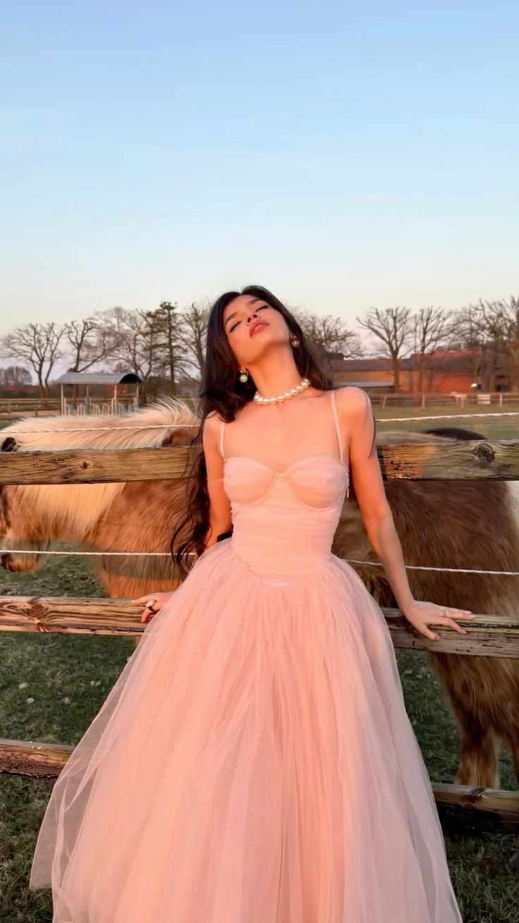 Robe bustier à fines bretelles style féerique français | Robe longue de bal en tulle rose poudré pour soirée en extérieur, fiançailles, jardin, événement social gh6434