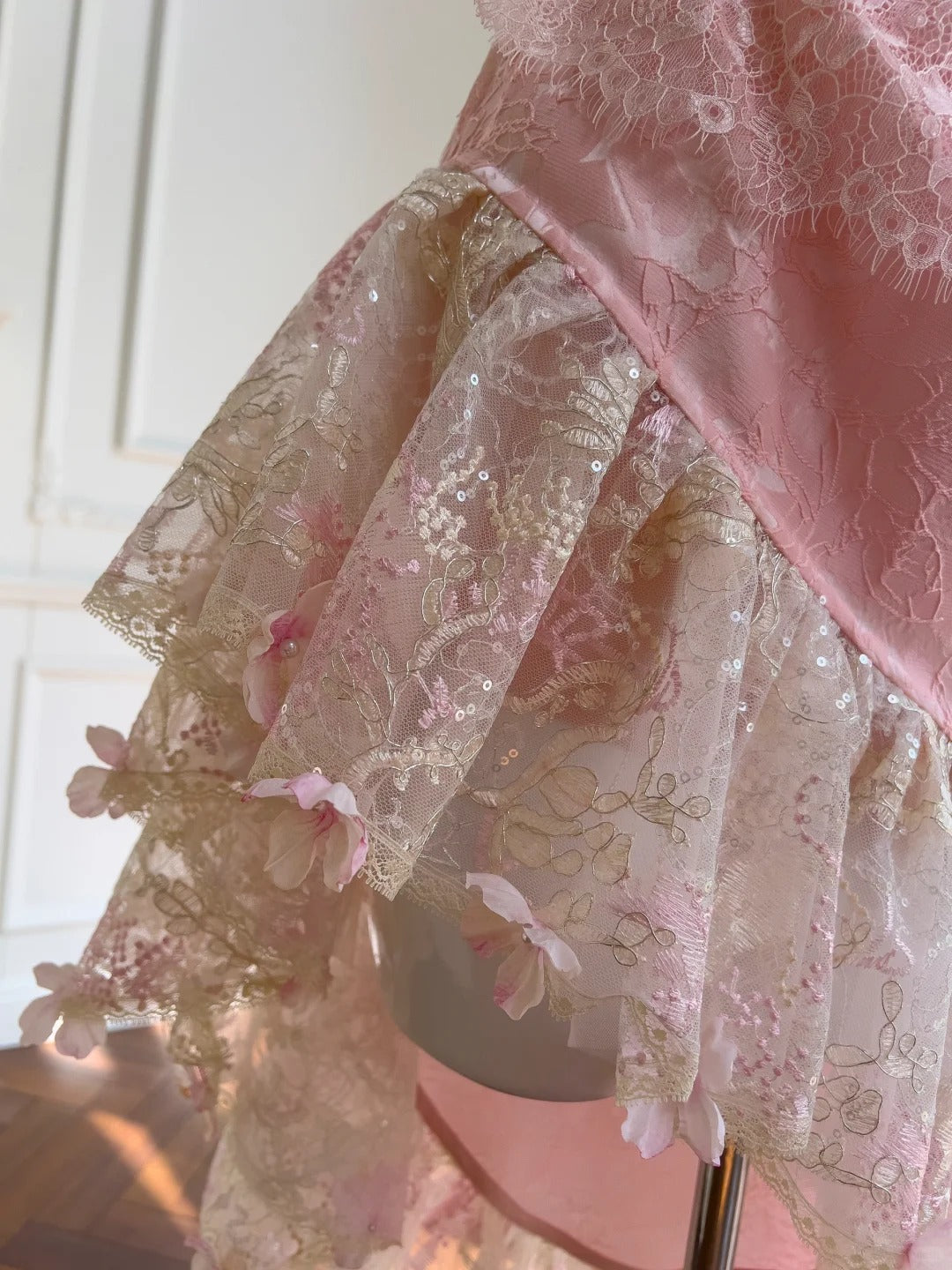 Robe de bal en mousseline de soie, longue et courte, style vintage, en dentelle rose, pour fête d'anniversaire, gh4406