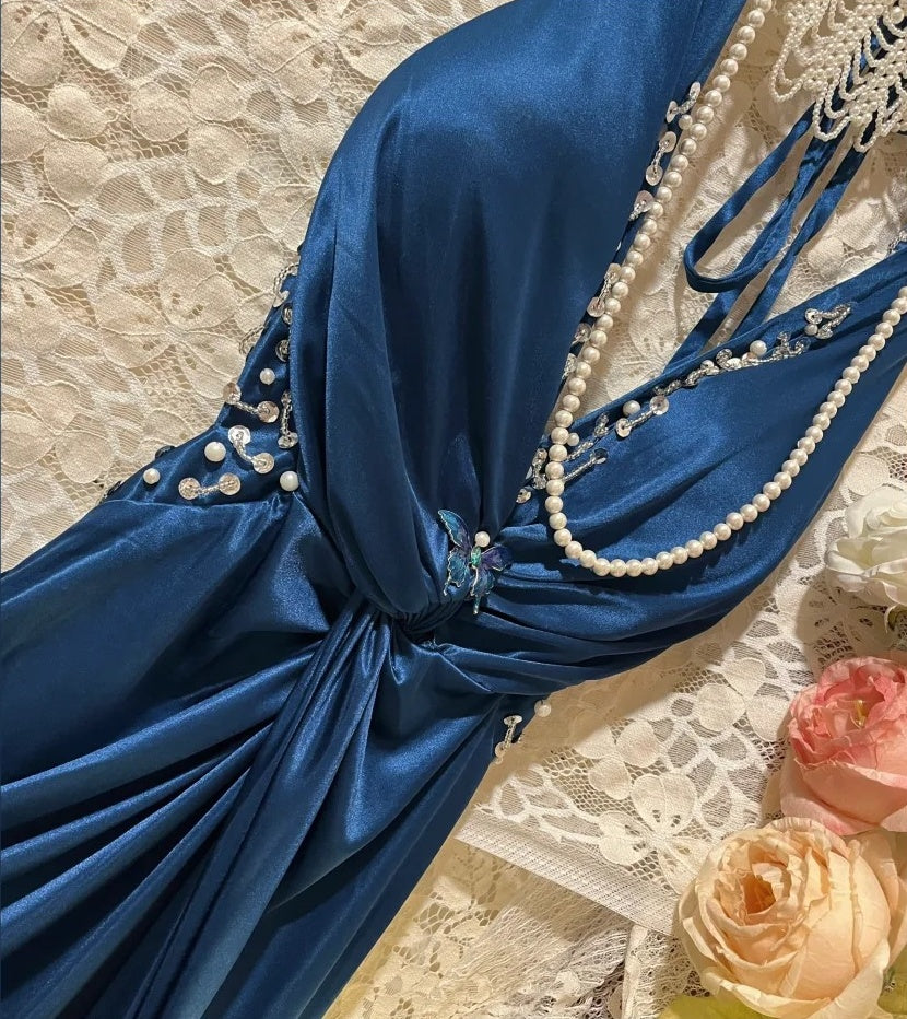 Robe de bal longue en satin bleu rétro élégante et tendance, robe de soirée, robe de remise de diplôme, gh4257
