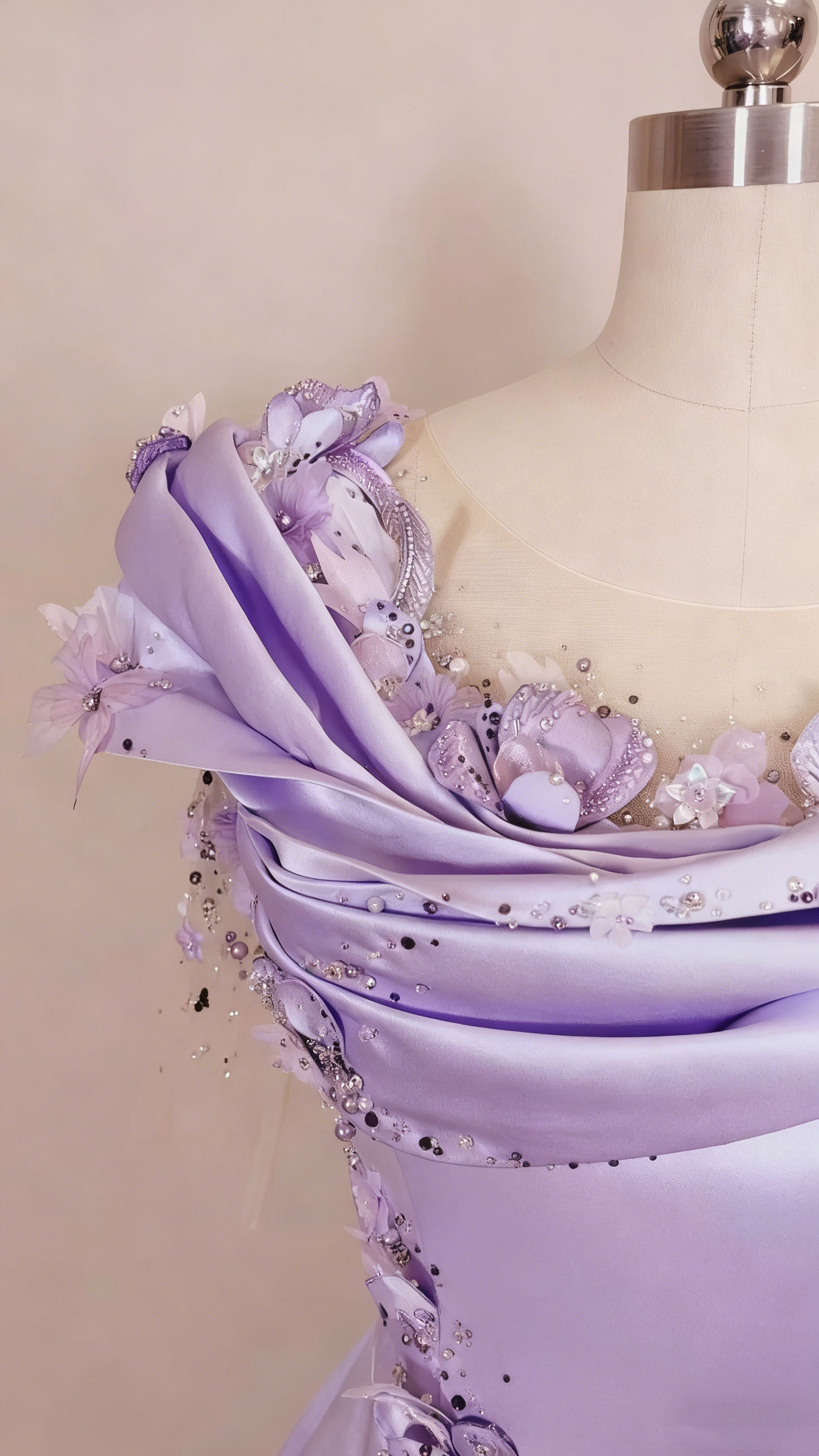 Abendkleid aus lilafarbenem Satin mit schulterfreiem 3D-Blumenmuster und Schleppe gh6388
