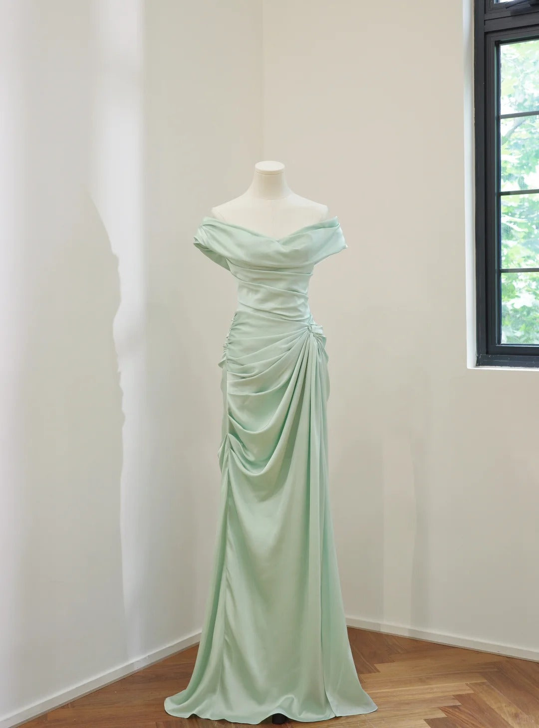 Girlhomeshops-Mintgrün, schlicht, modisch, schulterfrei, lang, Satin, Ballkleid, Abendkleid, Partykleid, Brautjungfernkleid, gh5057