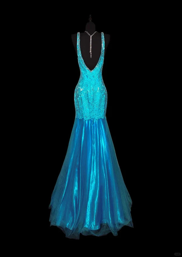 Blue Shiny Fashion Elegant V-neck Floral Long Mermaid Slim Fishtail Skirt Satin Floor Length Train Ball Gown Evening Gown Party Dress Prom Dress gh3818