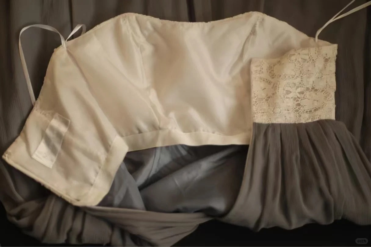 Graues Vintage-Heimkehrkleid aus Spitze, kurzes Chiffon-Ballkleid, gh4497