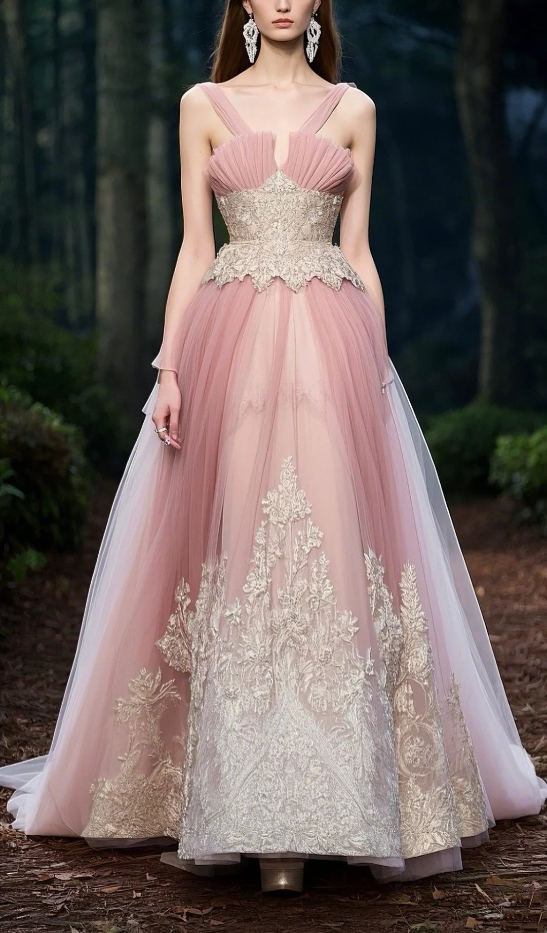 Robe de soirée longue en tulle et dentelle rose avec appliques gh4780