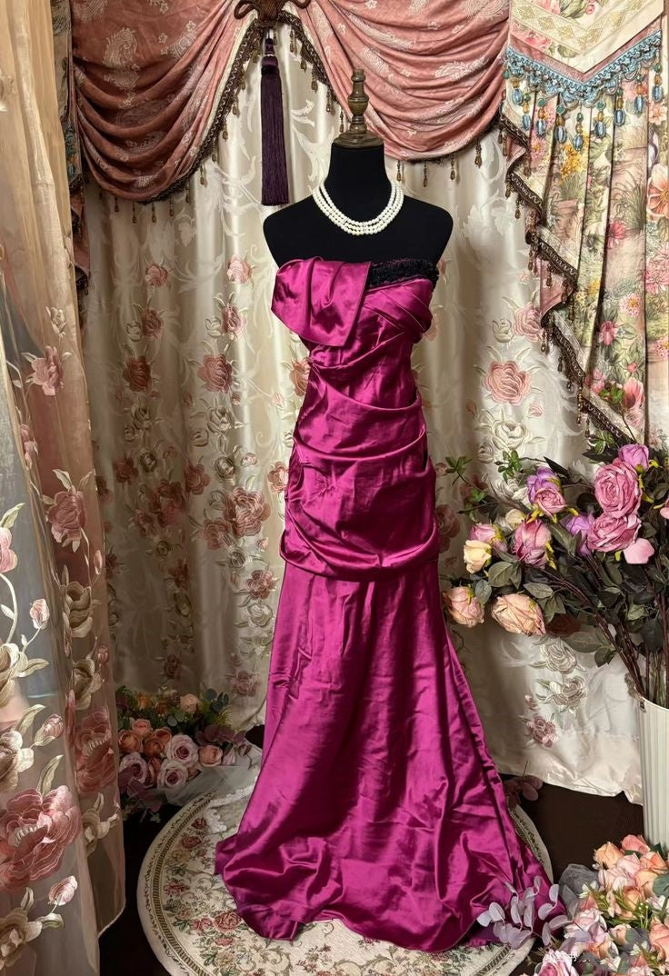 Rosa Retro Mode Elegante Lange satin Rüschen Ballkleid Abendkleid gh3221