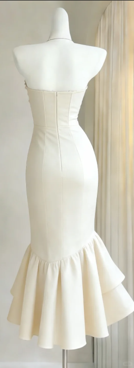 One Shoulder Ivory Satin Evening Gown Handmade 3D Floral Ruffled Midi Mermaid Formal Dress gh9464