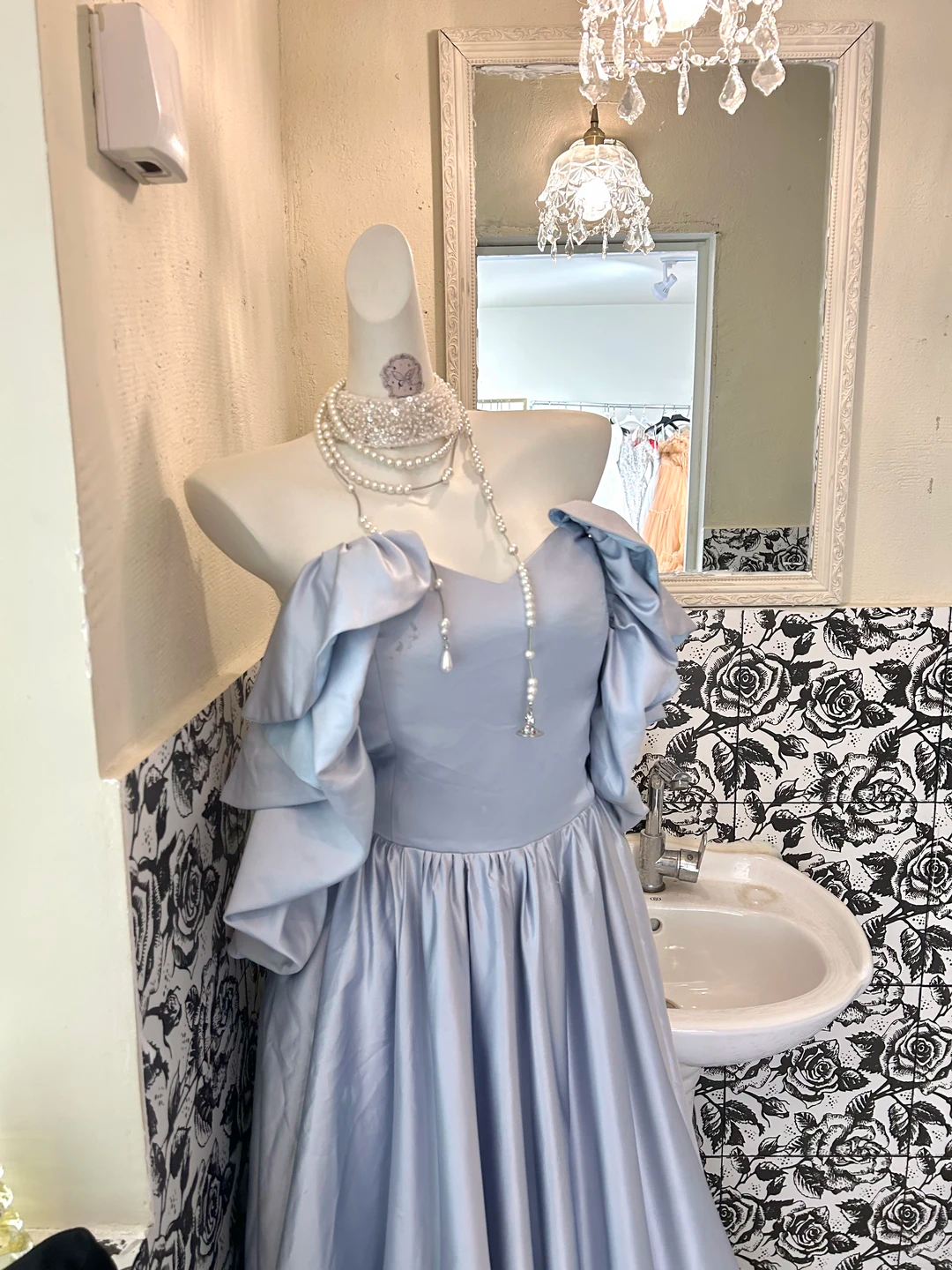 Light Blue Off-the-Shoulder Soft & Sexy Waist-Cinched Full Flared Skirt Long Romantic Dress, Wedding Gown gh7741
