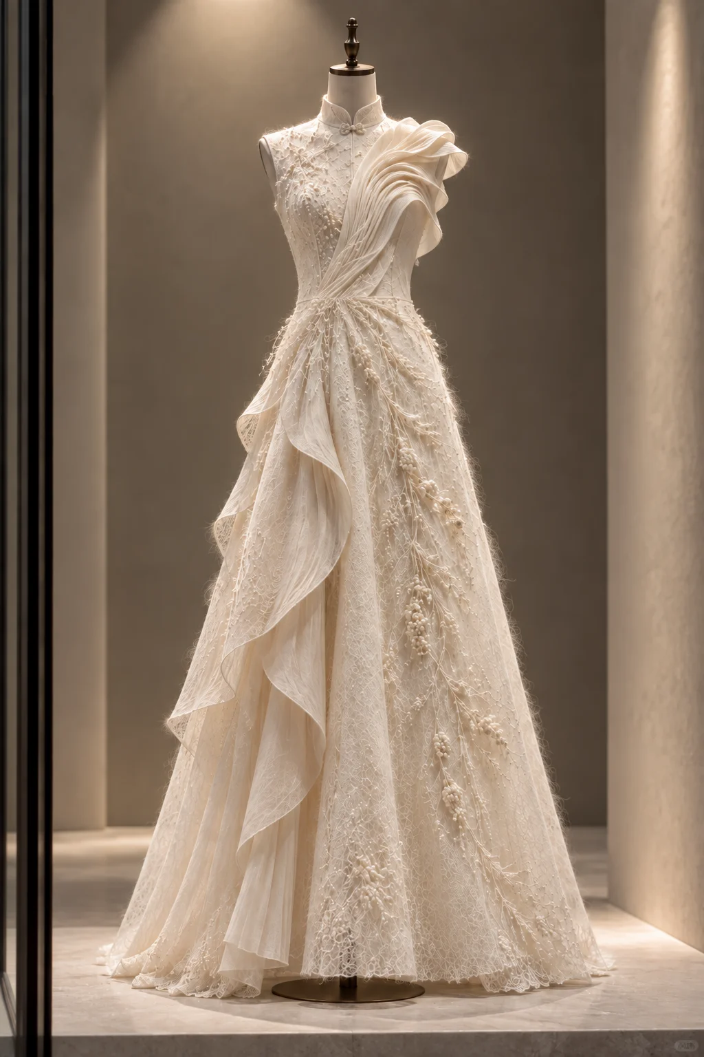 ✨Girlhomeshops-Mandarin Collar Sleeveless Lace Wedding Dress with 3D Ruffle and Pearl Branch Beading gh10302