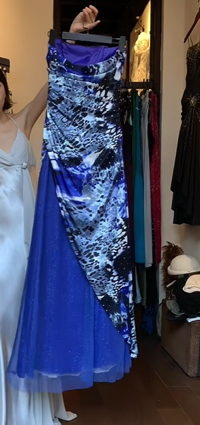 Blue Black Abstract Print Strapless Evening Gown Irregular Draped Overlay Sparkle Tulle Long Prom Dress gh9726