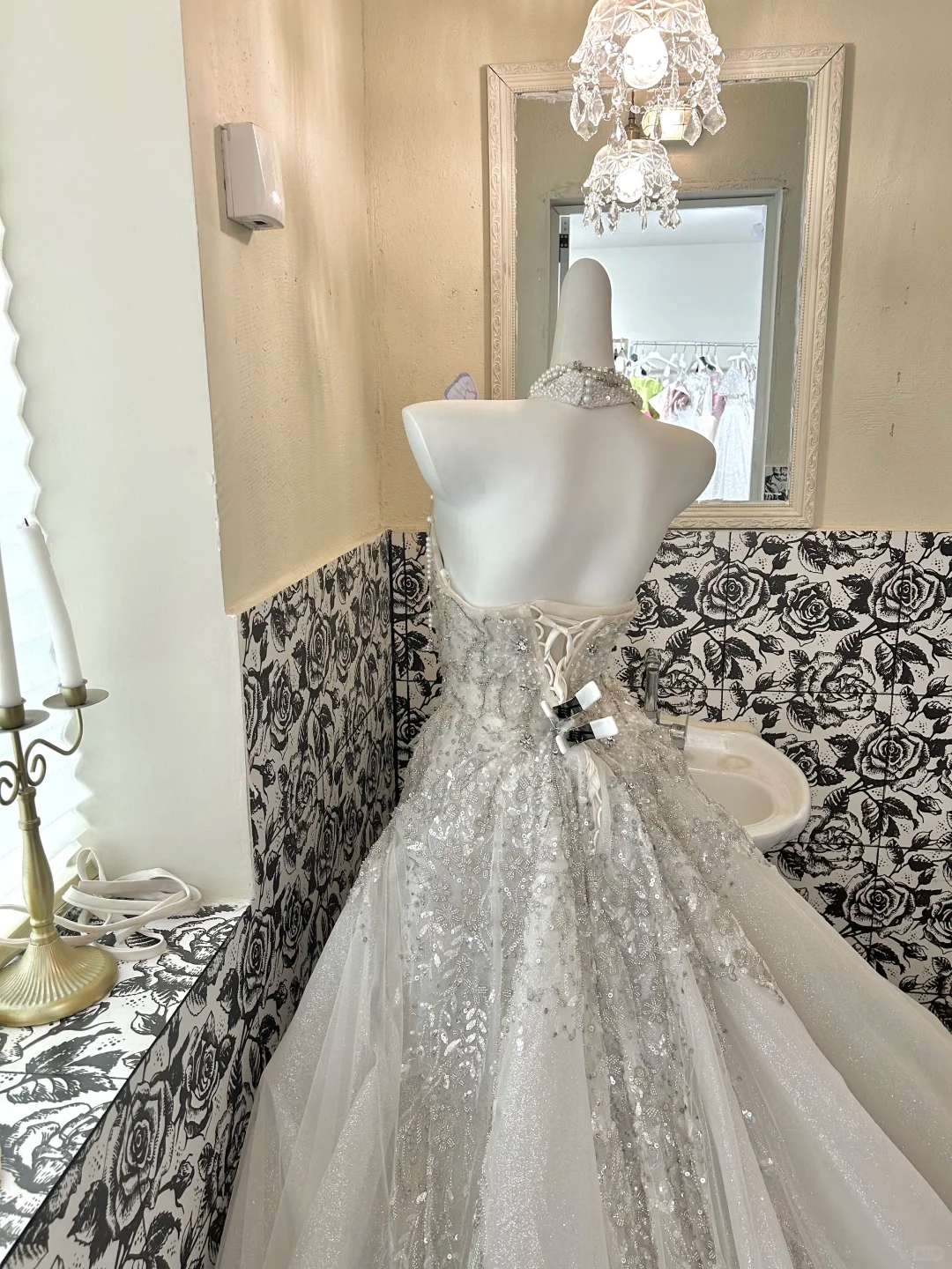 Silver Grey Strapless Rhinestone Cinched Waist Full Flared Skirt Long Romantic Dress, Wedding Gown gh7798