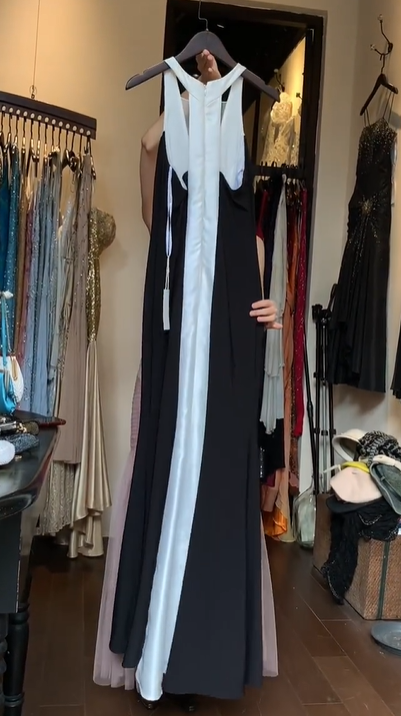 Halter Black White Color Block Satin Prom Dress Mesh Cutout Mermaid Formal Evening Gown gh9818