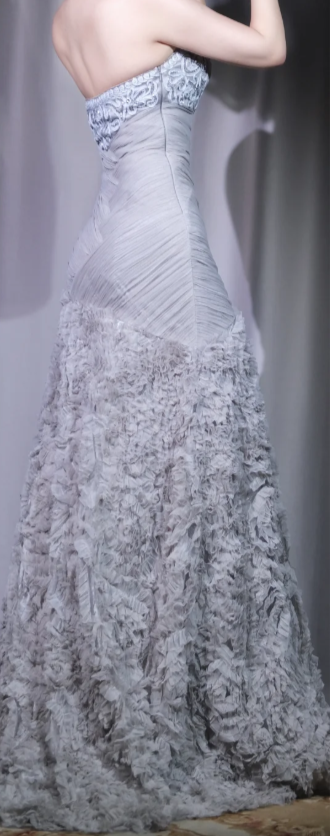 ✨Girlhomeshops-Light Grey Strapless Mermaid Evening Dress Lace 3D Floral Ruffle Prom Gown gh10044
