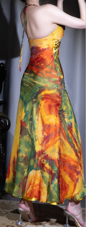 ✨Girlhomeshops-Oil Painting Floral Halter Chiffon Prom Gown Colorful Beaded Waist Long Dress gh10084