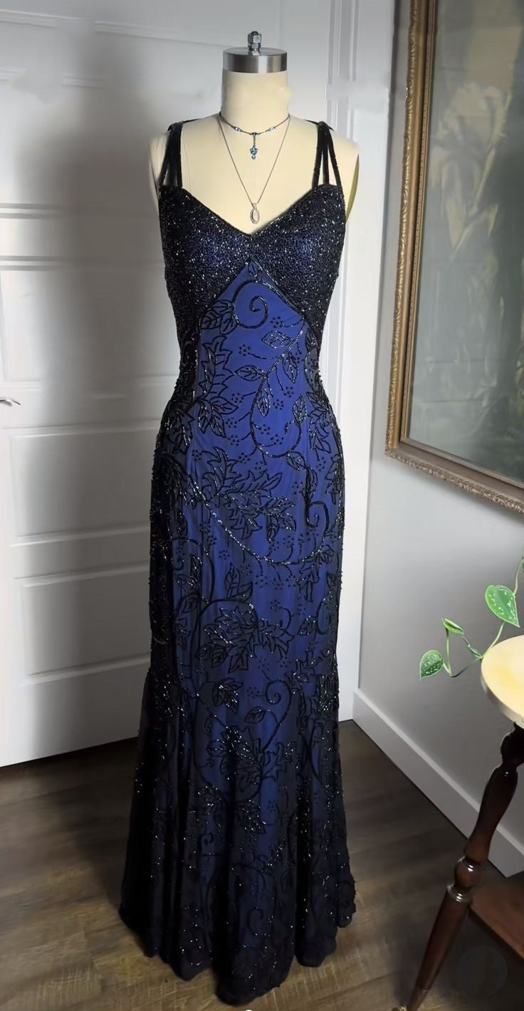 Robe de soirée longue en tulle à paillettes, bleu marine, brillante, élégante, exquise, avec appliques perlées, gh3189
