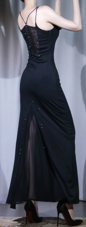 ✨Girlhomeshops-Black Crisscross Strap Mesh Beaded Long Slim Party Dress gh10013