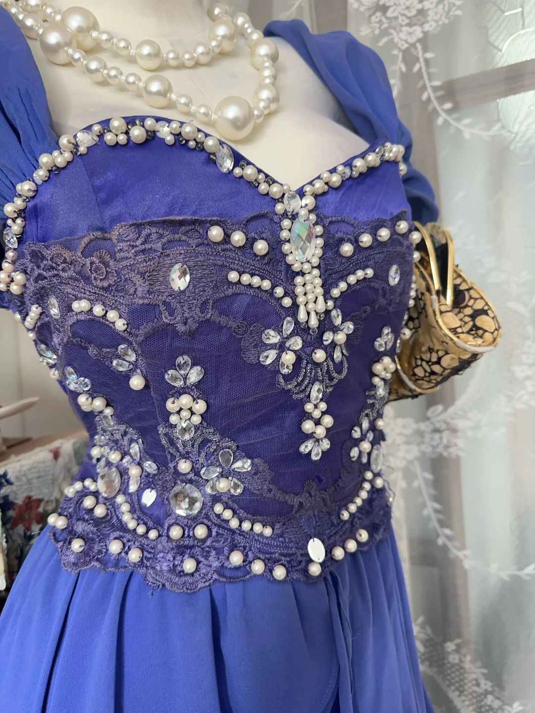 Sexy Long Vintage Blue Square Neck Beaded Fitted Waist Prom & Evening Party Dress gh8485