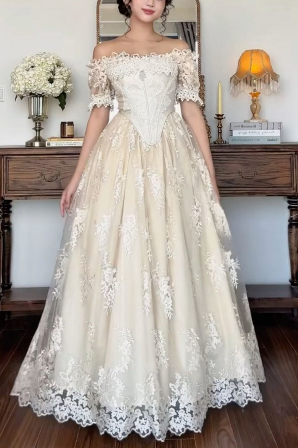 girlhomeshops-Exquisites, langes, modisches Brautkleid aus Tüllspitze, schulterfreies Kleid gh5839