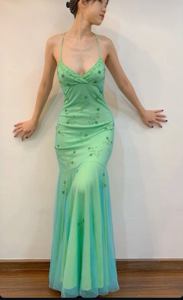 ✨Girlhomeshops-Teal Spaghetti Strap Floral Beaded Gradient Tulle Mermaid Formal Prom Gown gh10258
