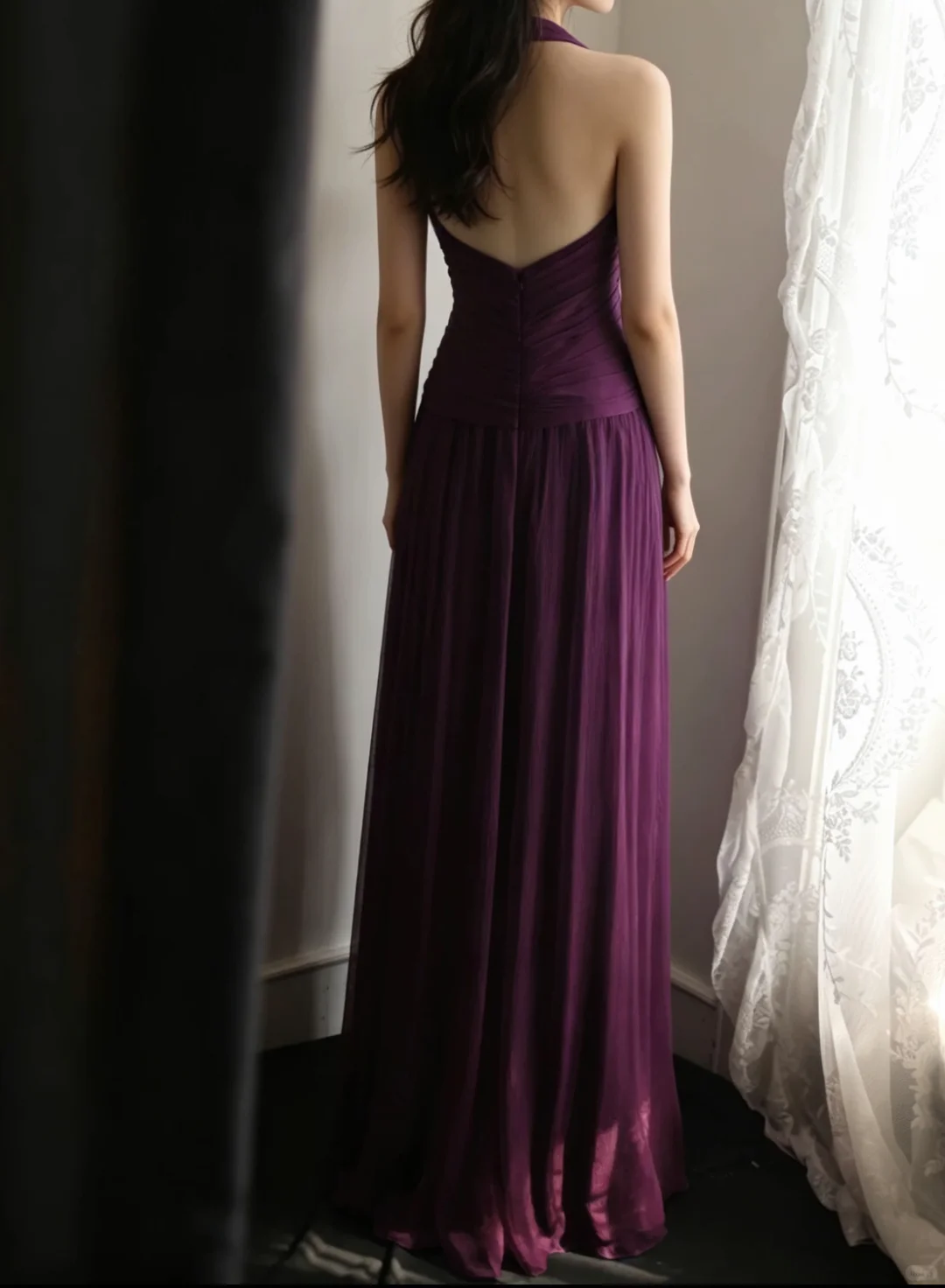 Deep Purple Halter V‑Neck Long Evening Gown, Cross Ruched Waist Flowy Chiffon A‑Line Bridesmaid Formal Dress gh9107
