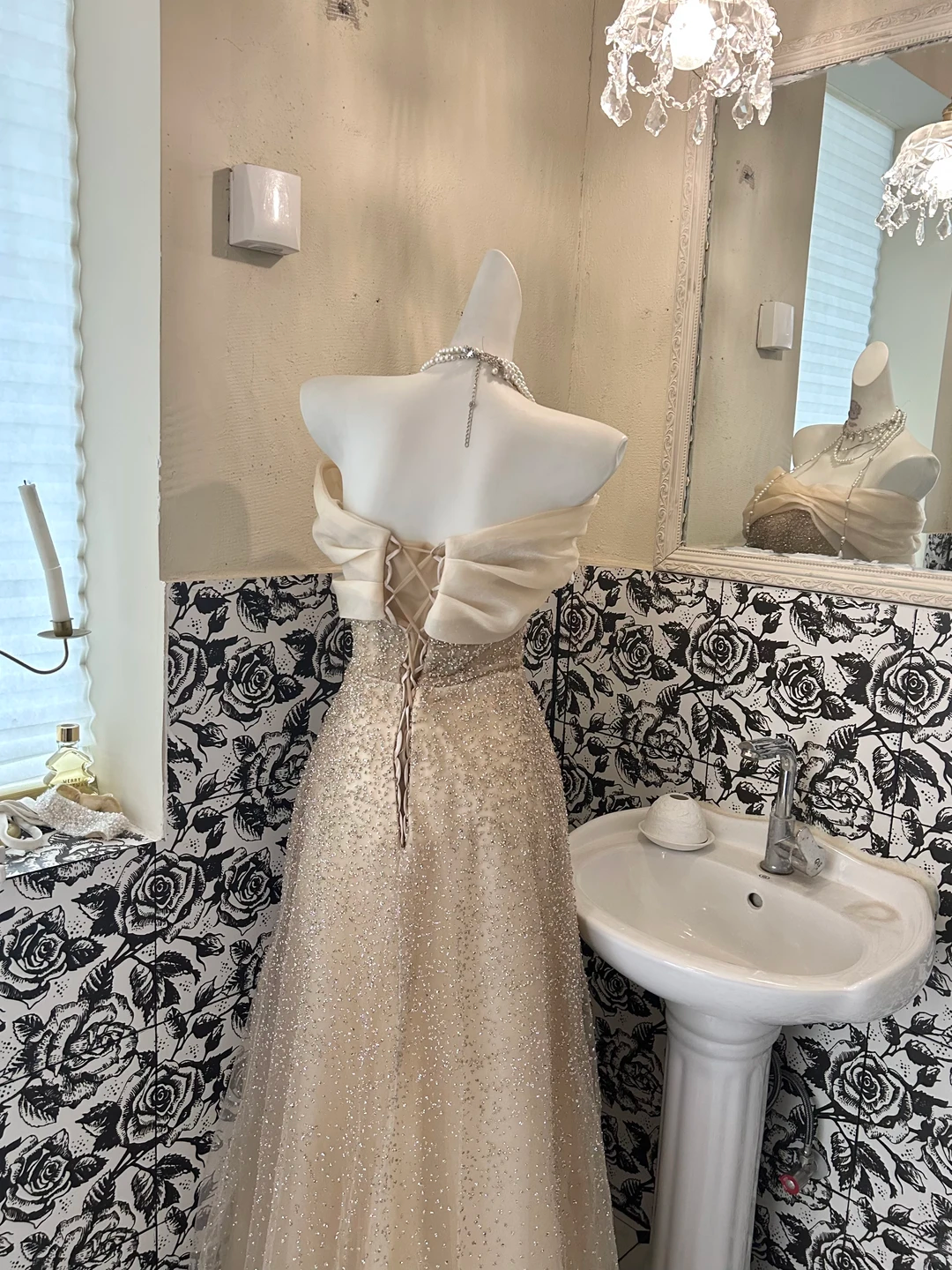 Light Apricot Off-the-Shoulder Beaded Waist-Cinched Soft Elegant Romantic Dress, Wedding Gown gh7688