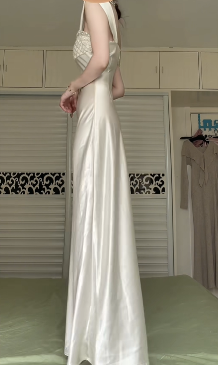 Champagne Wide‑Strap Long Evening Gown, Diamond Pattern Beaded Bodice Satin Mermaid Formal Prom Dress gh9027