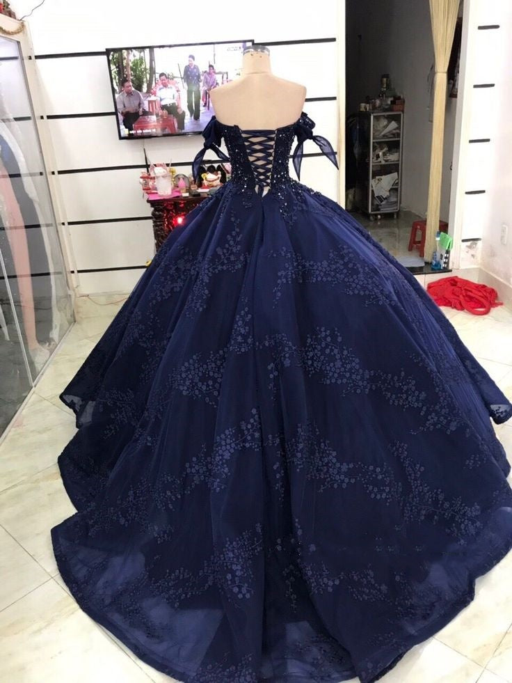 Blaues, glänzendes, elegantes, florales A-Linien-Abendkleid aus langem Tüll gh3342