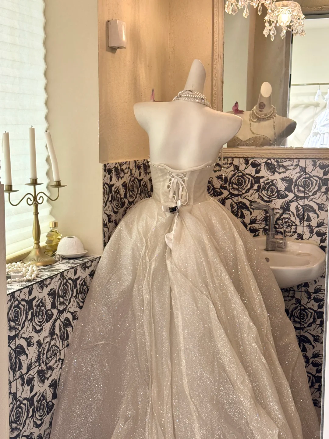 Beige Strapless Waist-Cinched Sequin & Bead Elegant Full Flared Romantic Dress, Wedding Gown gh7515