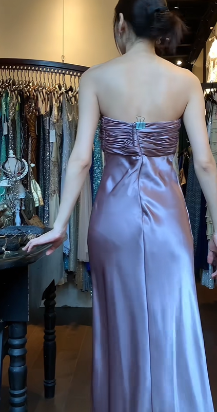 Strapless Lavender Satin Evening Gown Sweetheart Neck Ruched Bodice Mermaid Long Prom Dress gh9689