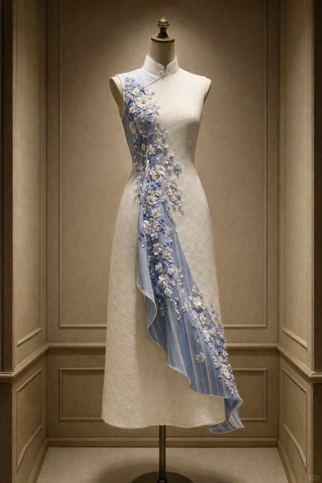 ✨Girlhomeshops-White Blue Sleeveless Modified Qipao with Diagonal 3D Floral Ruffle gh10513