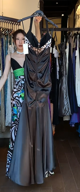 Black Halter Satin A Line Long Evening Prom Dress with Leopard Print Contrast Top and Side Ruched gh9765