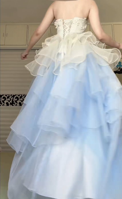 Light Blue Ombre Strapless Ball Gown, Lace Beaded Tiered Ruffle Tulle Prom Dress With Floral Embroidery for Party Banquet gh8960