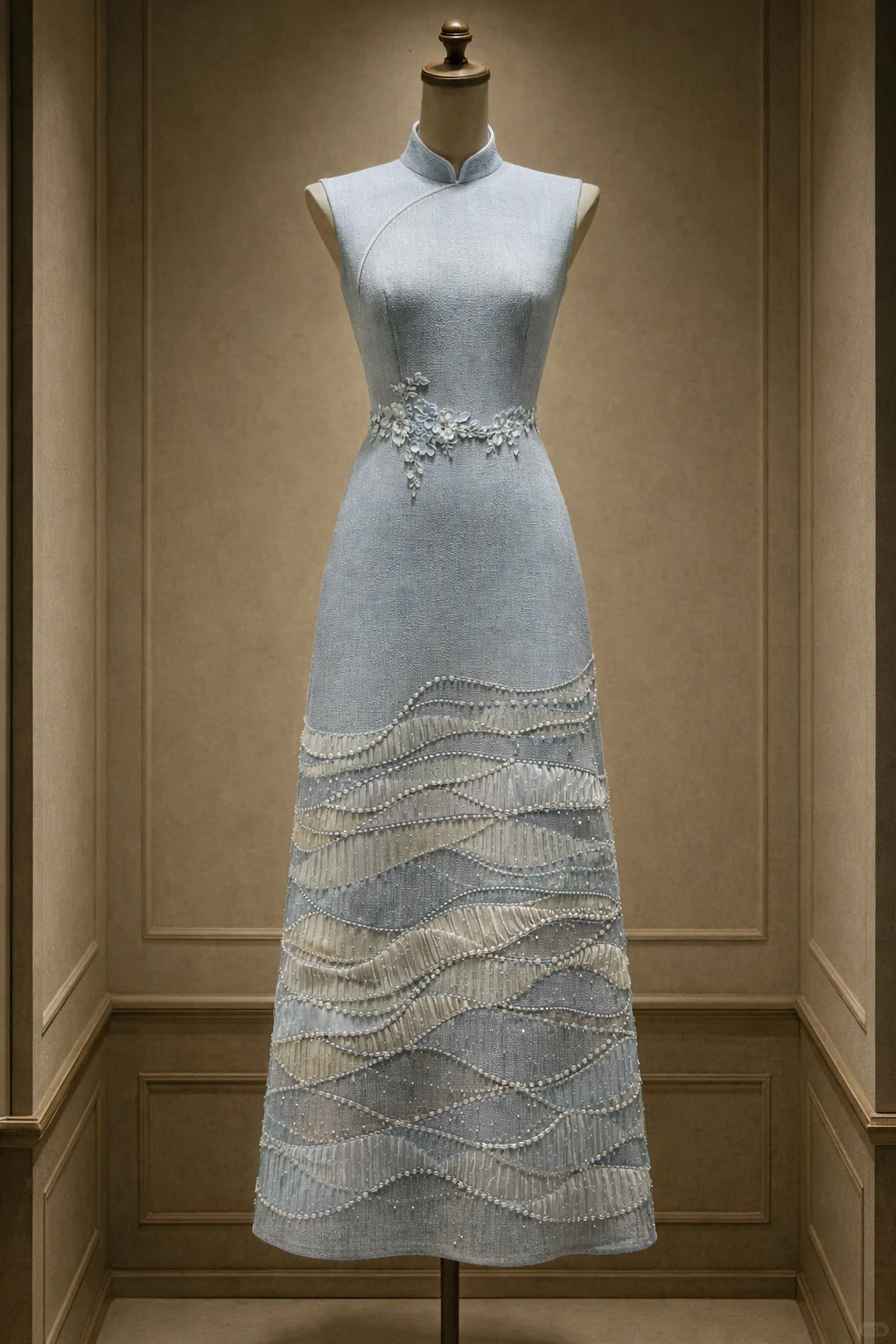 ✨Girlhomeshops-Light Blue Sleeveless Qipao with 3D Flower and Wave Beaded Tulle gh10511