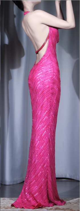 ✨Girlhomeshops-Fuchsia Halter Cowl Neck Cutout Beaded Sequin Mermaid Evening Dress gh10020