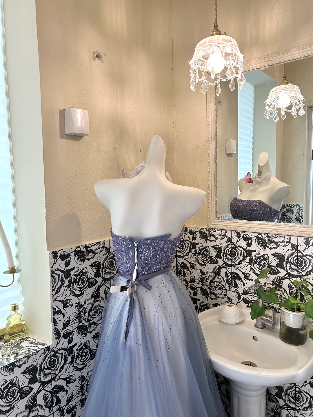 Dusty Blue Strapless Waist-Cinched Full Flared Skirt Romantic Dress, Wedding Gown gh7649