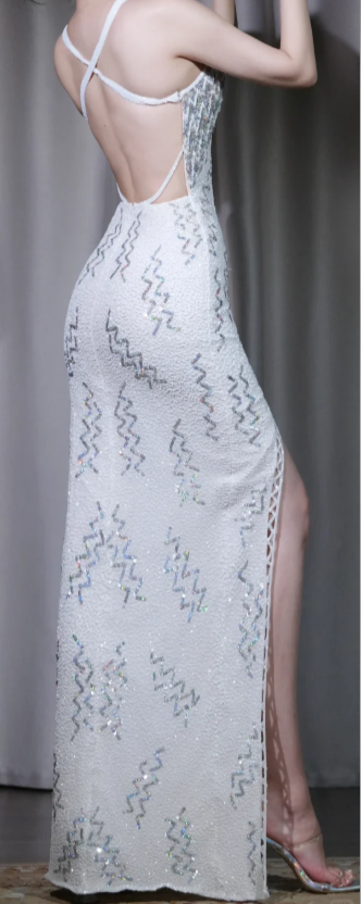 ✨Girlhomeshops-Iridescent Sequin Mermaid Prom Dress White V Neck Cutout High Slit Evening Gown gh9961