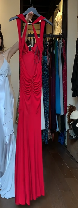 Red Halter Evening Gown Cutout Front Ruched Bodice Mermaid Long Formal Prom Dress gh9731