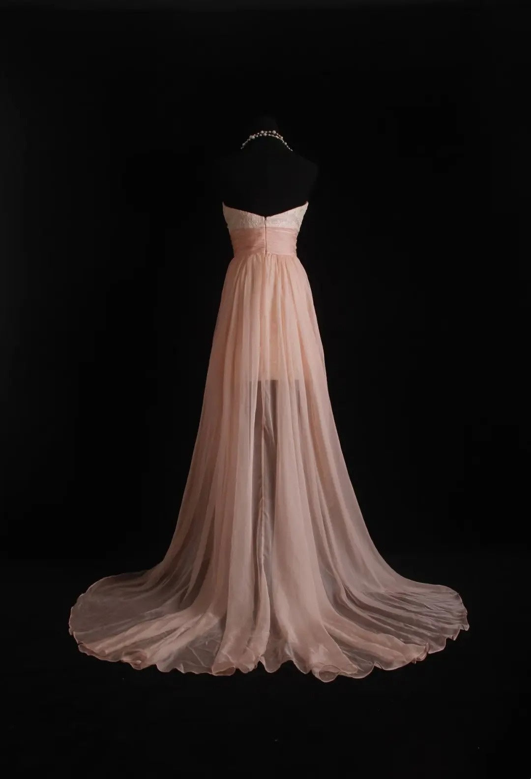 girlhomeshops - Robe de soirée rose clair en dentelle et mousseline, sans manches, traîne asymétrique gh6306